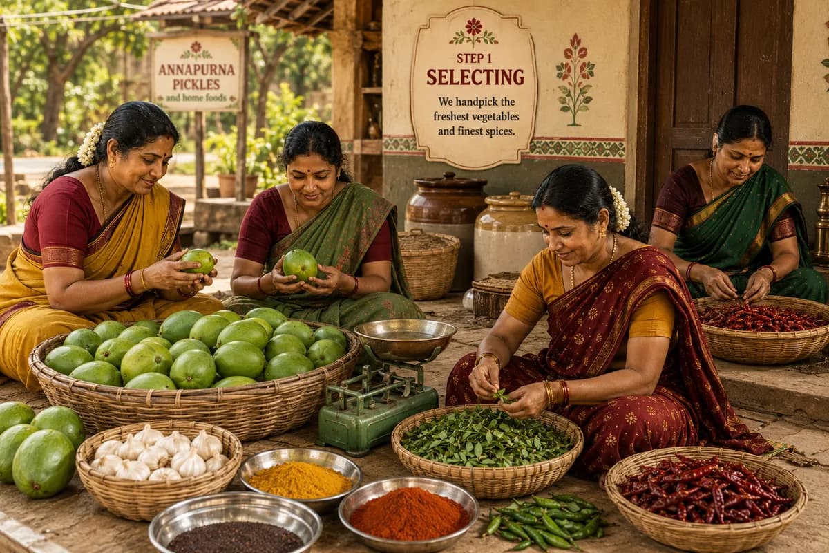 Hands turning over a raw green mango at a village market cart at dawn