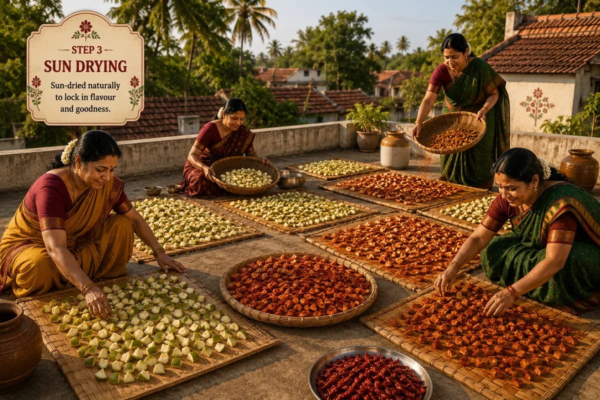 Red chillies and spices spread out to dry on a cloth mat in a courtyard