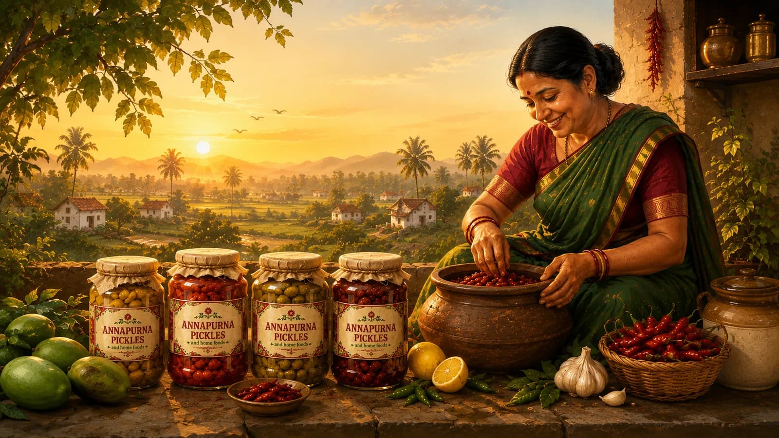 An elderly woman grinding red chillies on a stone in a village courtyard at dawn